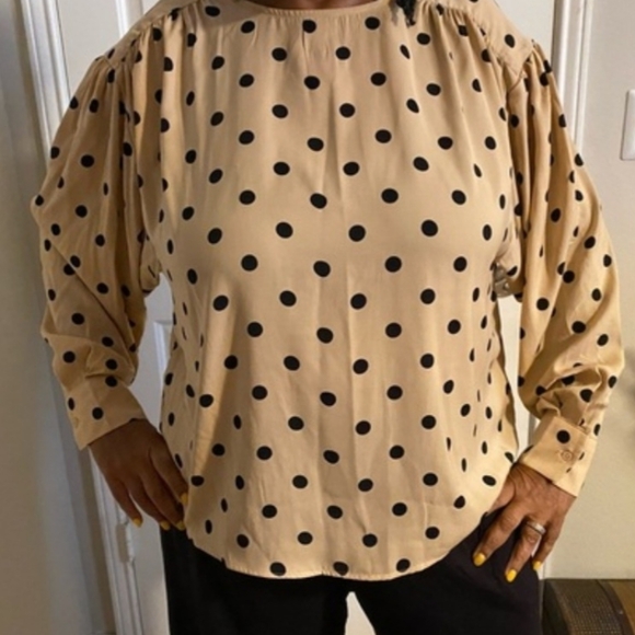 H&M Black Batwing Sleeve Polka Dot Blouse - Tan  Sz L - Picture 8 of 9